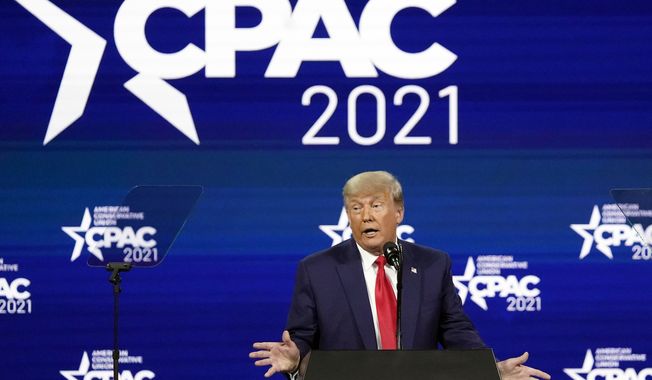 Former president Donald Trump speaks at the Conservative Political Action Conference (CPAC) Sunday, Feb. 28, 2021, in Orlando, Fla. (AP Photo/John Raoux)