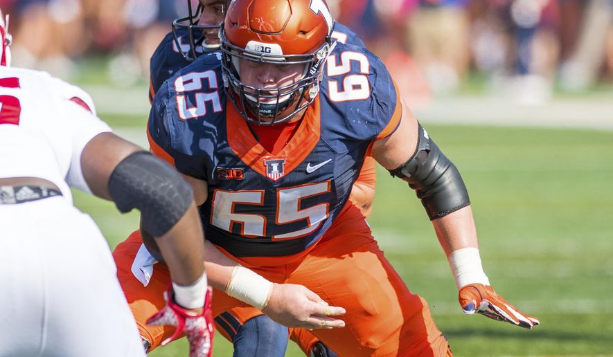 FILE - In this Oct. 14, 2017, file photo, Illinois offensive lineman Doug Kramer (65) blocks during an NCAA college football game against Rutgers in Champaign, Ill. For a program that has not had a winning record since 2011 and has reached the postseason just twice in that time, the hope is that Alex Palczewski, fellow linemen Kramer and Vederian Lowe and the super class will power a long awaited breakthrough in Champaign. (AP Photo/Bradley Leeb, File)
