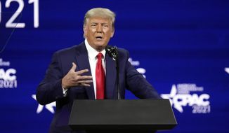 In this file photo, former president Donald Trump speaks at the Conservative Political Action Conference (CPAC) Sunday, Feb. 28, 2021, in Orlando, Fla. (AP Photo/John Raoux)  **FILE**