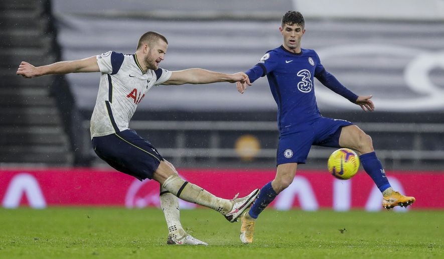 Chelsea's Christian Pulisic, right, and Tottenham's Eric Dier duel for the ball during the English Premier League soccer match between Tottenham and Chelsea at the Tottenham Hotspur Stadium in London, England, Thursday, Feb. 4, 2021. (Kirsty Wigglesworth/Pool via AP)