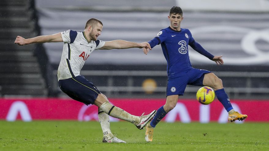 Chelsea's Christian Pulisic, right, and Tottenham's Eric Dier duel for the ball during the English Premier League soccer match between Tottenham and Chelsea at the Tottenham Hotspur Stadium in London, England, Thursday, Feb. 4, 2021. (Kirsty Wigglesworth/Pool via AP)