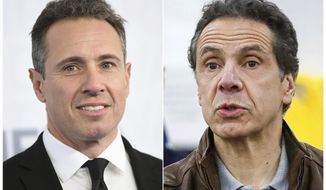 FILE - This combination file photo shows CNN news anchor Chris Cuomo at the WarnerMedia Upfront in New York on May 15, 2019, left, and New York Gov. Andrew Cuomo speaking during a news conference in New York on March 23, 2020. CNN host Chris Cuomo told viewers on Monday, March 1, 2021, that he ‘obviously’ could not cover the charges against his older brother, New York Gov. Andrew Cuomo. New York&#39;s leader has been accused of sexual harassment by two women who work in state government. But Chris Cuomo said he understands CNN has to cover it, and said he cares profoundly about the issues brought up by the women who have accused his brother. (AP Photo/File)