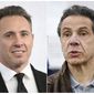 FILE - This combination file photo shows CNN news anchor Chris Cuomo at the WarnerMedia Upfront in New York on May 15, 2019, left, and New York Gov. Andrew Cuomo speaking during a news conference in New York on March 23, 2020. CNN host Chris Cuomo told viewers on Monday, March 1, 2021, that he ‘obviously’ could not cover the charges against his older brother, New York Gov. Andrew Cuomo. New York&#x27;s leader has been accused of sexual harassment by two women who work in state government. But Chris Cuomo said he understands CNN has to cover it, and said he cares profoundly about the issues brought up by the women who have accused his brother. (AP Photo/File)