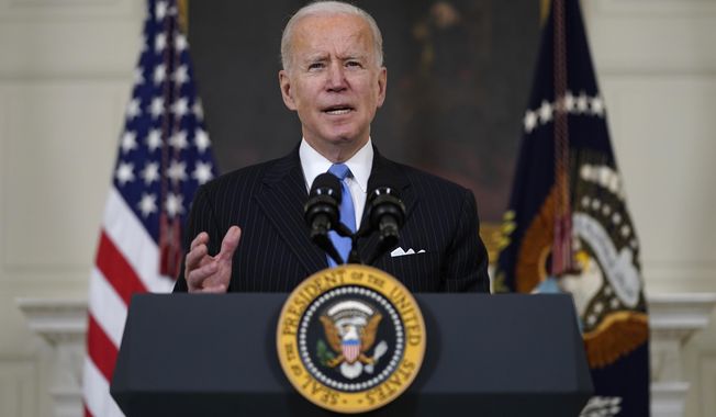 President Joe Biden speaks about efforts to combat COVID-19, in the State Dining Room of the White House, Tuesday, March 2, 2021, in Washington. (AP Photo/Evan Vucci)