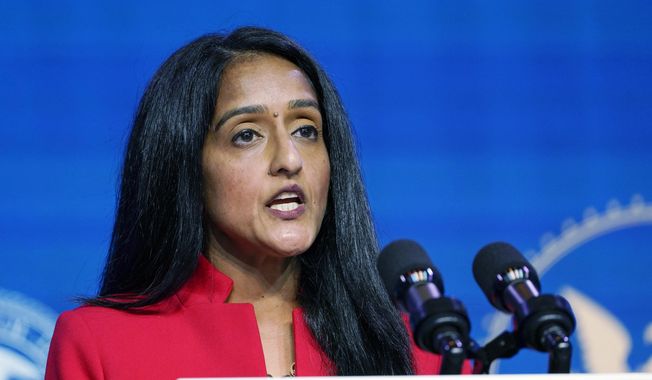 In this Jan. 7, 2021, file photo, Associate Attorney General nominee Vanita Gupta speaks during an event with President-elect Joe Biden and Vice President-elect Kamala Harris at The Queen theater in Wilmington, Del. More than 75 former U.S. attorneys are throwing their support behind Gupta for associate attorney general and urging congressional leaders to quickly confirm her to the post. Gupta has been nominated for the No. 3 position in the Justice Department. (AP Photo/Susan Walsh) **FILE**