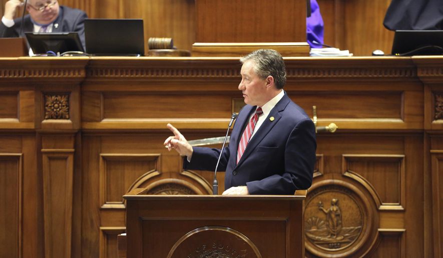 South Carolina Sen. Greg Hembree, R-Little River, speaks in favor of a bill that would add the firing squad to the electric chair and lethal injection as execution methods in the state on Tuesday, March 2, 2021, in Columbia, S.C. The state hasn't had the chemicals to do lethal injection for years. (AP Photo/Jeffrey Collins)
