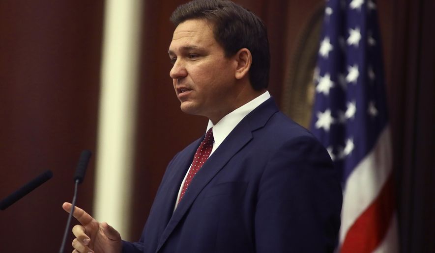 Florida Gov. Ron DeSantis speaks Tuesday, March 2, 2021 during his State of the State address at the Capitol in Tallahassee, Fla. (AP Photo/Phil Sears)