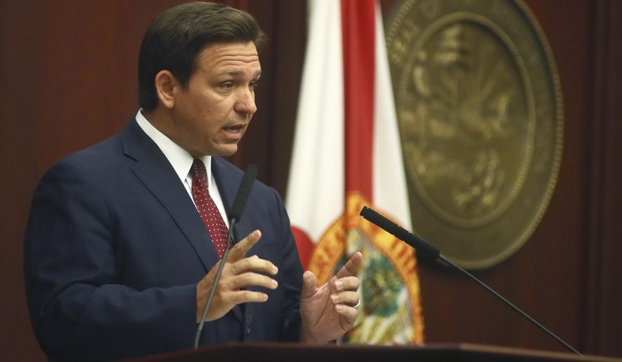 Florida Gov. Ron DeSantis speaks Tuesday, March 2, 2021, during his State of the State address at the Capitol in Tallahassee, Fla. (AP Photo/Phil Sears) ** FILE **