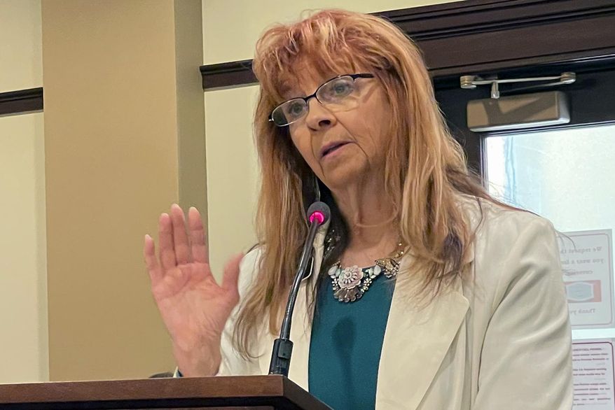 Republican state Rep. Karey Hanks addresses the House State Affairs Committee, Tuesday, March 2, 2021, in the Statehouse in Boise, Idaho. The committee introduced legislation to prohibit mask mandates in Idaho. (AP Photo/Keith Ridler)