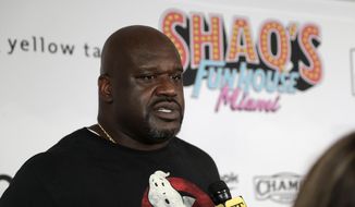 In this Jan. 31, 2020, file photo, former NBA player Shaquille O&#39; Neal is interviewed on the red carpet for Shaq&#39;s Fun House in Miami. O&#39;Neal is set to perform in his first competitive match when he teams in All Elite Wrestling with Jade Cargill in a mixed tag to take on Cody Rhodes and Red Velvet at Daily&#39;s Place on an episode of &quot;Dynamite&quot; Wednesday, March 3, 2021. (AP Photo/Lynne Sladky, File) **FILE**