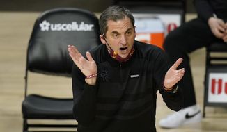 Iowa State head coach Steve Prohm reacts to a call during the first half of an NCAA college basketball game against Texas, Tuesday, March 2, 2021, in Ames, Iowa. (AP Photo/Charlie Neibergall)