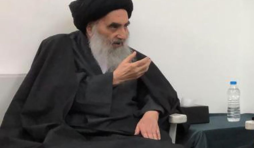 FILE - This March, 13, 2019 handout file photo from the office of Grand Ayatollah Ali al-Sistani, shows senior Shiite cleric Grand Ayatollah Ali al-Sistani in the southern Iraqi city of Najaf. On Saturday, March 6, 2021, Pope Francis will visit the 90-year-old Grand Ayatollah who is revered by many Shiites worldwide and whose words hold powerful influence in Iraq and beyond. The pontiff and ayatollah will meet in al-Sistani’s modest home in the Iraqi city of Najaf. (Office of Grand Ayatollah Ali al-Sistani, via AP, File)