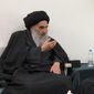 FILE - This March, 13, 2019 handout file photo from the office of Grand Ayatollah Ali al-Sistani, shows senior Shiite cleric Grand Ayatollah Ali al-Sistani in the southern Iraqi city of Najaf. On Saturday, March 6, 2021, Pope Francis will visit the 90-year-old Grand Ayatollah who is revered by many Shiites worldwide and whose words hold powerful influence in Iraq and beyond. The pontiff and ayatollah will meet in al-Sistani’s modest home in the Iraqi city of Najaf. (Office of Grand Ayatollah Ali al-Sistani, via AP, File)