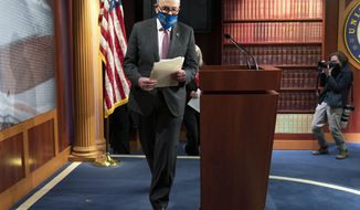 Senate Majority Leader Chuck Schumer, D-N.Y., arrives to speak to the media, Tuesday, March 2, 2021, on Capitol Hill in Washington. (AP Photo/Jacquelyn Martin)