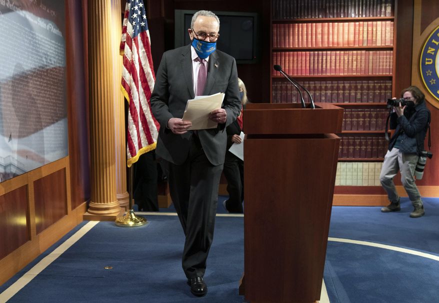 Senate Majority Leader Chuck Schumer, D-N.Y., arrives to speak to the media, Tuesday, March 2, 2021, on Capitol Hill in Washington. (AP Photo/Jacquelyn Martin)