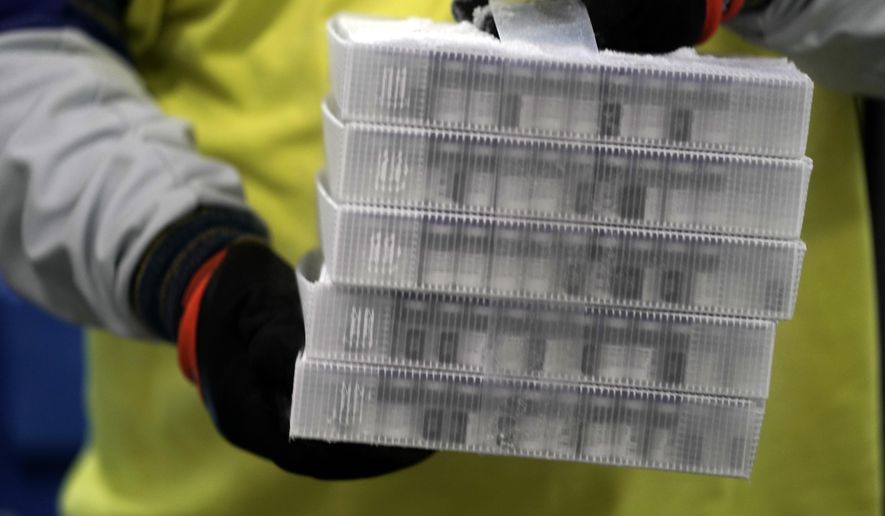 FILE - In this Dec. 13, 2020, file photo, boxes containing the Pfizer-BioNTech COVID-19 vaccine are prepared to be shipped at the Pfizer Global Supply Kalamazoo manufacturing plant in Portage, Mich. Michigan announced Wednesday, March 3, 2021, that everyone ages 50 to 64 can start getting COVID-19 vaccinations on March 22 and that those in that group with certain medical conditions can begin being immunized next week. (AP Photo/Morry Gash, Pool, File)