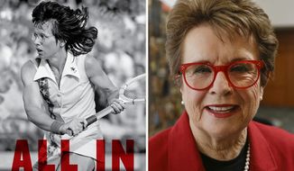 This combination photo shows the cover of &amp;quot;All In: An Autobiography&amp;quot; by Billie Jean King, left, and King posing for a portrait on June 4, 2015, in New York.  Alfred A. Knopf announced Thursday, March 4, 2021, that the book will be published Aug. 17 and will cover the highlights of King&#39;s celebrated and groundbreaking tennis career. (Knopf via AP, left, and AP)