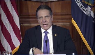 In this image taken from video from the Office of the NY Governor, New York Gov. Andrew Cuomo speaks during a news conference, Wednesday, March 3, 2021, in Albany, N.Y. (Office of the NY Governor via AP)