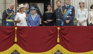FILE - In this Tuesday, July 10, 2018 file photo, members of THE royal family gather on the balcony of Buckingham Palace, with from left, Britain&#39;s Prince Charles, Camilla the Duchess of Cornwall, Prince Andrew, Queen Elizabeth II, Meghan the Duchess of Sussex, Prince Harry, Prince William and Kate the Duchess of Cambridge, as they watch a flypast of Royal Air Force aircraft pass over Buckingham Palace in London. The timing couldn’t be worse for Harry and Meghan. The Duke and Duchess of Sussex will finally get the chance to tell the story behind their departure from royal duties directly to the public on Sunday, March 7, 2021 when their two-hour interview with Oprah Winfrey is broadcast. (AP Photo/Matt Dunham, File)