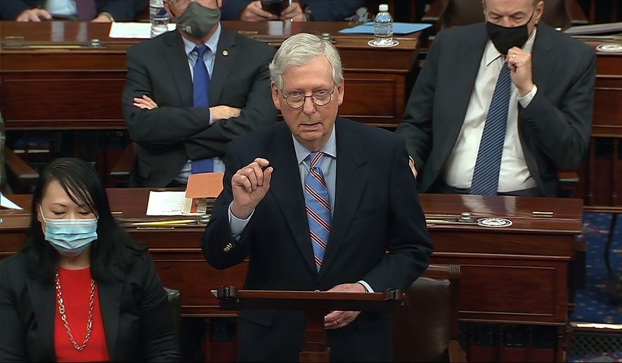 In this image from video, Senate Minority Leader Mitch McConnell of Ky., speaks before the final vote on the Senate version of the COVID-19 relief bill in the Senate at the U.S. Capitol in Washington, Saturday, March 6, 2021. (Senate Television via AP)  **FILE**