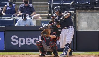 New York Yankees&#x27; Gary Sanchez hits a home run during the third inning of a spring baseball game against the Detroit Tigers, Monday, March 1, 2021, in Tampa, Fla. (AP Photo/Frank Franklin II)