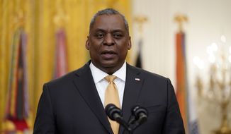 Defense Secretary Lloyd Austin speaks during an event with President Joe Biden and Vice President Kamala Harris to mark International Women&#39;s Day, Monday, March 8, 2021, in the East Room of the White House in Washington. (AP Photo/Patrick Semansky) ** FILE **