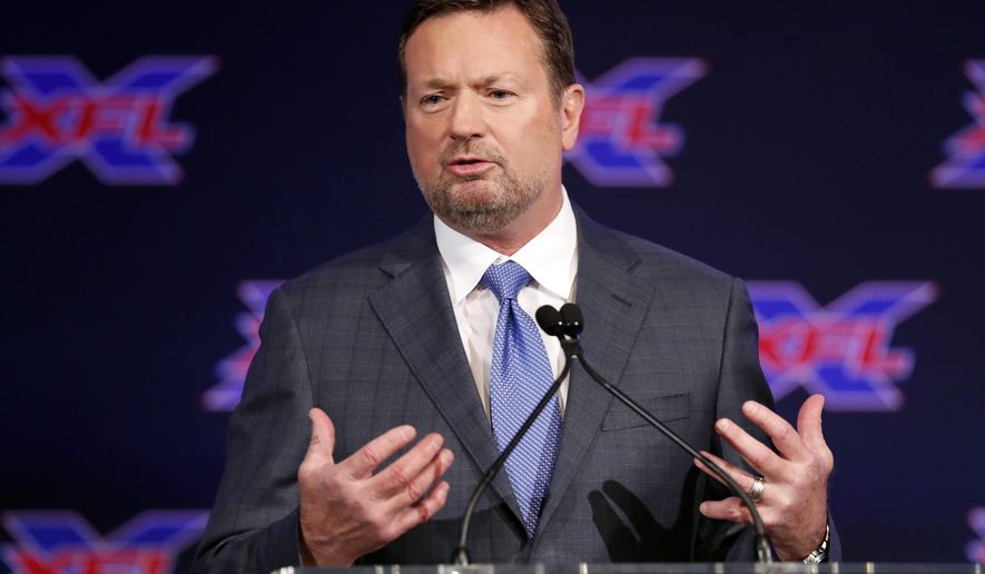 FILE - Bob Stoops makes comments after being introduced as the new head coach and general manager of the XFL Dallas football team during a news conference in Arlington, Texas, in this Thursday, Feb. 7, 2019, file photo. Former Oklahoma coach Bob Stoops will replace Urban Meyer on Fox’s Saturday college football pregame show, the network announced Monday, March 9, 2021. (AP Photo/Tony Gutierrez, File)