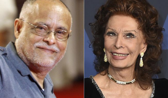 Director Haile Gerima appears at the 65th edition of the Venice Film Festival in Venice, Italy, on Sept. 2, 2008, left, and Sophia Loren arrives at the Governors Awards in Los Angeles on Oct. 27, 2019. Loren and independent filmmaker Haile Gerima will be honored with special awards by the Academy Museum of Motion Pictures. (Photos by Andrew Medichini/AP, left, and Jordan Strauss/Invision/AP)