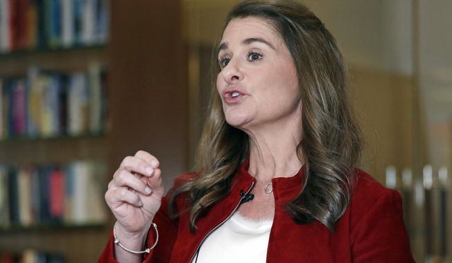 In this Feb. 1, 2019, Melinda Gates speaks while being interviewed in Kirkland, Wash. A gender equality philanthropic initiative spearheaded by Melinda Gates’ investment company, with support from MacKenzie Scott, has announced 10 project finalists for $40 million in funding slated to be awarded this summer.The Equality Can’t Wait Challenge, which is hosted by Gates’ Pivotal Ventures, said Monday, March 8, 2021 on International Women’s Day, that the finalists include women-led projects aiming to support victims of domestic violence, increase the influence of Black women in the South using advocacy and double the reporting capacity of The 19th, a news organization reporting on gender, politics and policy. (AP Photo/Elaine Thompson)