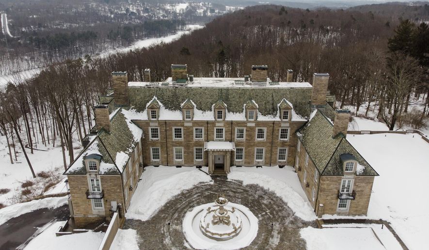 The Seven Springs, a property owned by former U.S. President Donald Trump, is covered in snow, Tuesday, Feb. 23, 2021, in Mount Kisco, N.Y. The estate, a 213-acre swath of nature surrounding a Georgian-style mansion, is a subject of two state investigations in New York: a criminal probe by Manhattan District Attorney Cyrus Vance Jr. and a civil inquiry by state Attorney General Letitia James. Both investigations focus on whether Trump manipulated the property’s value to reap greater tax benefits from an environmental conservation arrangement he made while running for president in 2016. (AP Photo/John Minchillo)