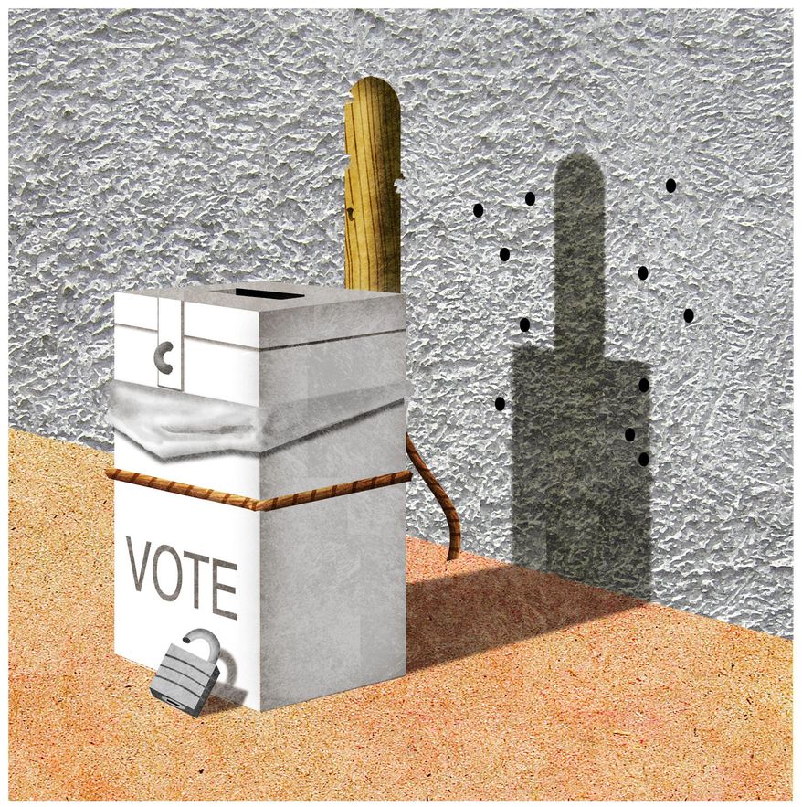 Illustration on killing the vote by Alexander Hunter/The Washington Times