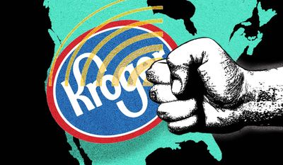 Illustration on the actions of the UFCW and Kroger Supermarkets by Alexander Hunter/The Washington Times
