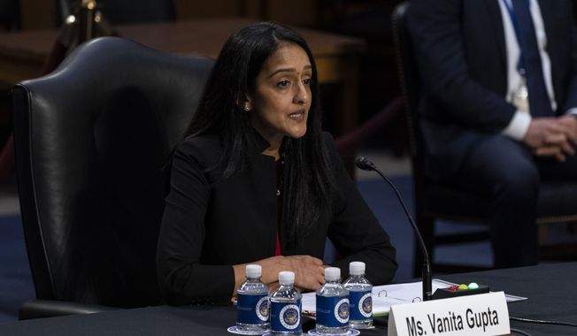 Vanita Gupta speaks during a Senate Judiciary Committee hearing to examine her nomination to be associate attorney general, on Capitol Hill, Tuesday, March 9, 2021, in Washington. (AP Photo/Alex Brandon) **FILE**