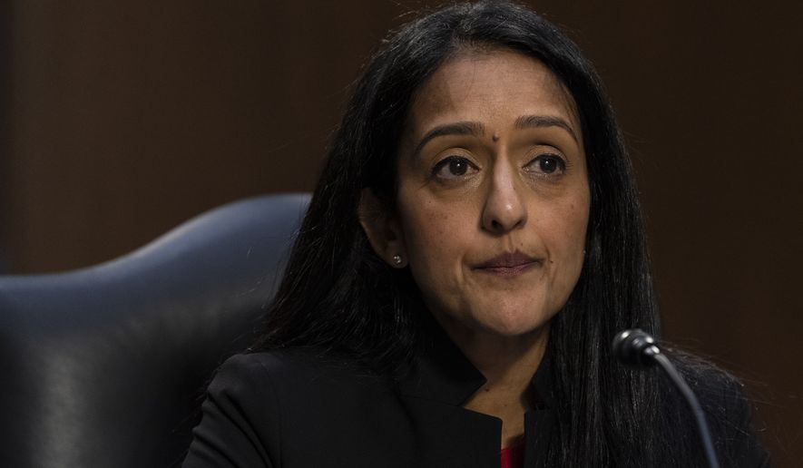 Vanita Gupta, is seated during a Senate Judiciary Committee hearing to examine her nomination to be Associate Attorney General, on Capitol Hill, Tuesday, March 9, 2021, in Washington. (AP Photo/Alex Brandon)