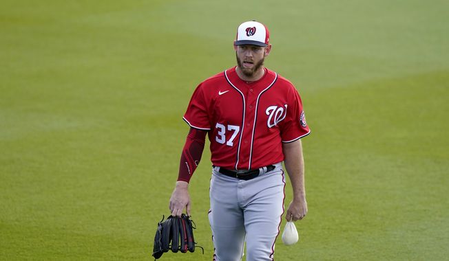 Washington Nationals starting pitcher Stephen Strasburg (37) walks to the bullpen before a spring training baseball game against the Houston Astros, Tuesday, March 9, 2021, in West Palm Beach, Fla. (AP Photo/Lynne Sladky) **FILE**