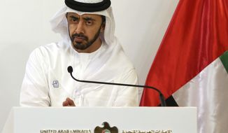 FILE - In this June 9, 2019 file photo, United Arab Emirates Foreign Minister Sheikh Abdullah bin Zayed Al Nahyan listens during a news conference in Abu Dhabi, United Arab Emirates. Al Nahyan said Tuesday, March 9, 2021, that U.S. sanctions against the government of Syrian President Bashar Assad have undermined efforts to bring a regional settlement to the Syrian conflict. In a joint press conference in Abu Dhabi with his Russian counterpart, Emirati Foreign Minister Abdullah bin Zayed Al Nahyan said American economic pressure campaign makes joint cooperation difficult. (AP Photo/Jon Gambrell, File)