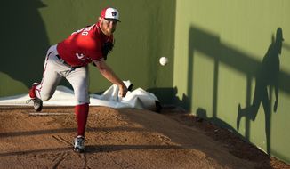 Washington Nationals pitcher Stephen Strasburg warms up in the bullpen before the team&#39;s spring training baseball game against the Houston Astros, Tuesday, March 9, 2021, in West Palm Beach, Fla. (AP Photo/Lynne Sladky) **FILE**