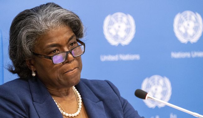 U.S. Ambassador to the United Nations, Linda Thomas-Greenfield speaks to reporters during a news conference, Monday, March 1, 2021, at United Nations headquarters. (AP Photo/Mary Altaffer) ** FILE **