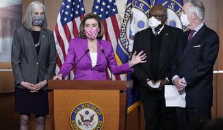 Speaker of the House Nancy Pelosi, D-Calif., holds a news conference ahead of the vote on the Democrat&#39;s $1.9 trillion COVID-19 relief bill, at the Capitol in Washington, Tuesday, March 9, 2021, as Rep. Katherine Clark, D-Mass., Majority Whip James Clyburn, D-S.C. and Budget Ways and Means Committee Chairman Richard Neal, D-Mass., look on. (AP Photo/J. Scott Applewhite)