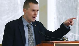 FILE - In this April 27, 2019, file photo, Rep. Jared Golden, D-Maine, speaks in Bath, Maine. Golden was the only Democrat lawmaker to break with his party and vote against the $1.9 trillion COVID-19 relief package on Wednesday, March 10, 2021. (AP Photo/David Sharp, File)