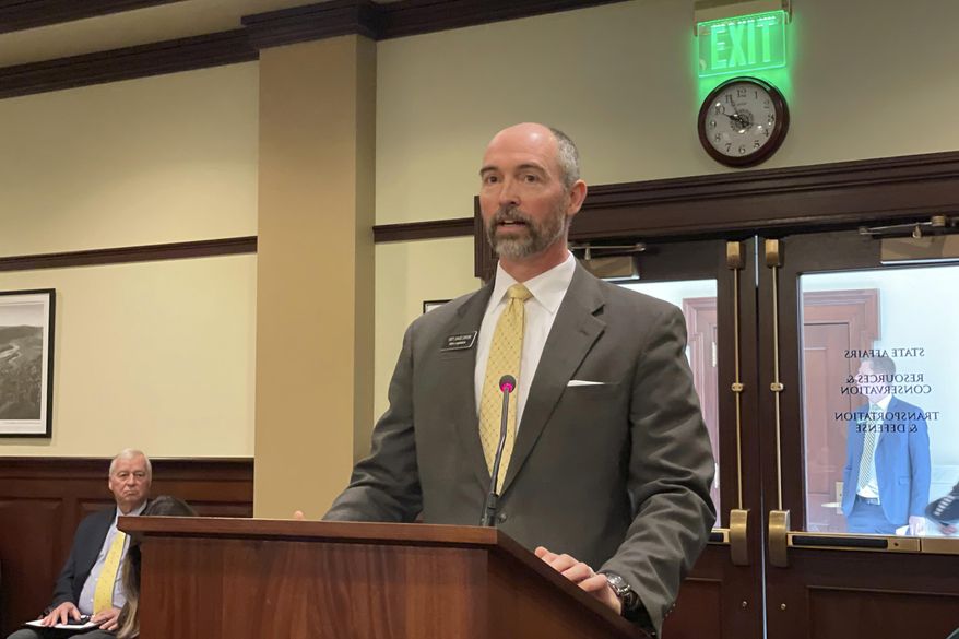 Republican Rep. Sage Dixon addresses the House State Affairs Committee, Wednesday, March 10, 2021, in the Statehouse in Boise, Idaho. The committee introduced legislation intended to give Idaho lawmakers veto power over federal government actions and federal court decisions. (AP Photo/Keith Ridler)