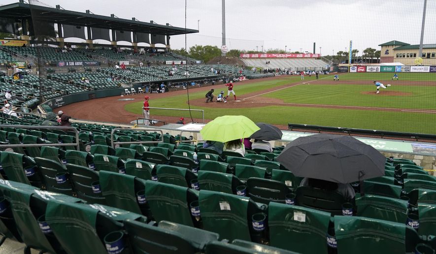 Fans sit in the rain at Roger Dean Stadium during a spring training baseball game between the Miami Marlins and Washington Nationals, Saturday, March 6, 2021, in Jupiter, Fla. (AP Photo/Lynne Sladky)