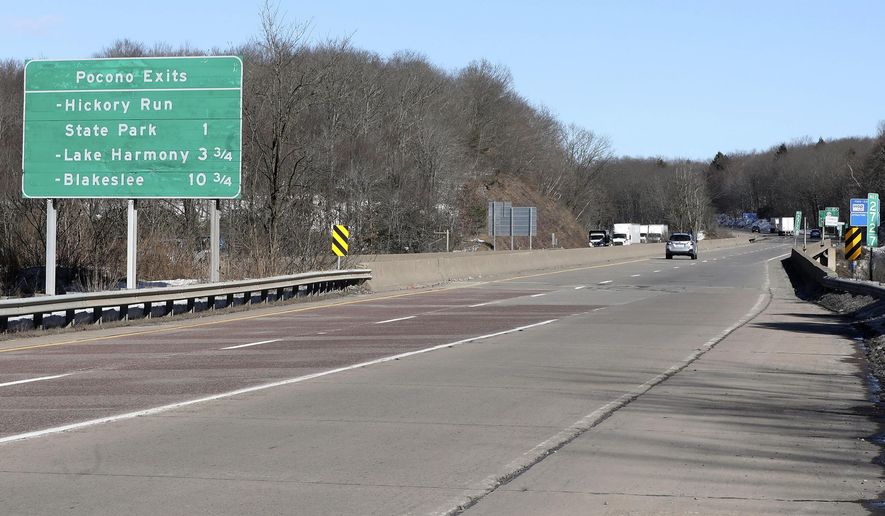 A view of I-80 bridge over the Lehigh River in the borough of White Haven, Pa., toward Carbon County, Thursday, Feb. 25, 2021. The Carbon County commissioners aren&#x27;t keen on a plan to toll bridges along Interstate 80 to fund construction projects. Commissioner Chris Lukasevich on Thursday said Pennsylvania residents already pay the highest gas tax in the United States, and feels that state should better use existing funds. (Warren Ruda/Standard-Speaker via AP)