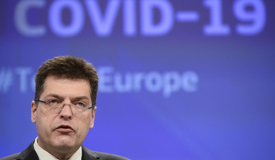 European Commissioner for Crisis Management Janez Lenarcic speaks during a news conference at the EU headquarters in Brussels, Wednesday, March 10, 2021. The European Union unveiled Wednesday plans to step up its international aid efforts, support humanitarian agencies and encourage new donors as the coronavirus weighs on several crises around the world. (Johanna Geron, Pool Photo via AP)