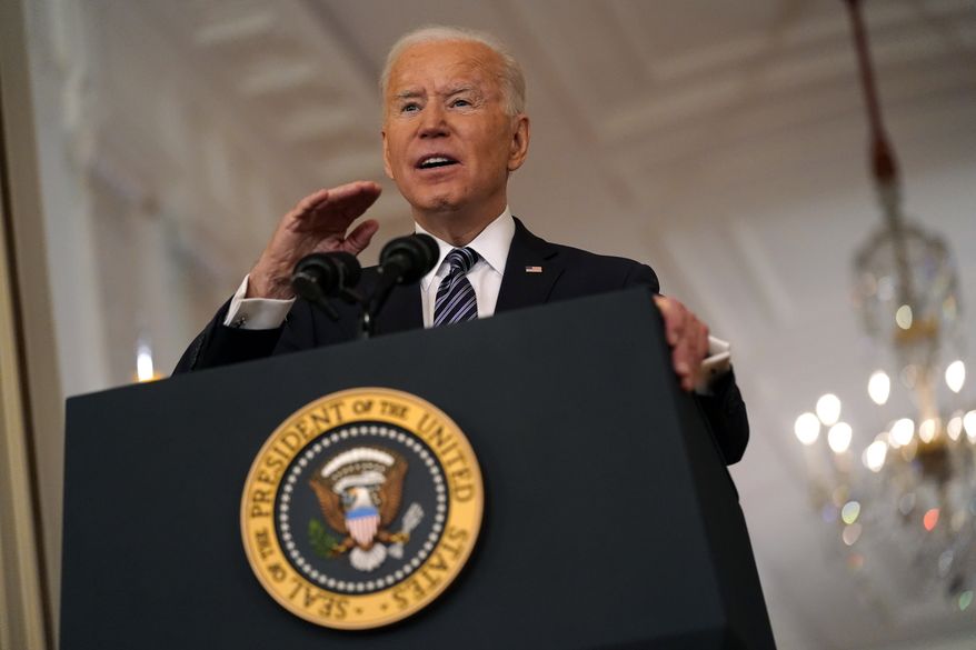 President Joe Biden speaks about the COVID-19 pandemic during a prime-time address from the East Room of the White House, Thursday, March 11, 2021, in Washington. (AP Photo/Andrew Harnik)