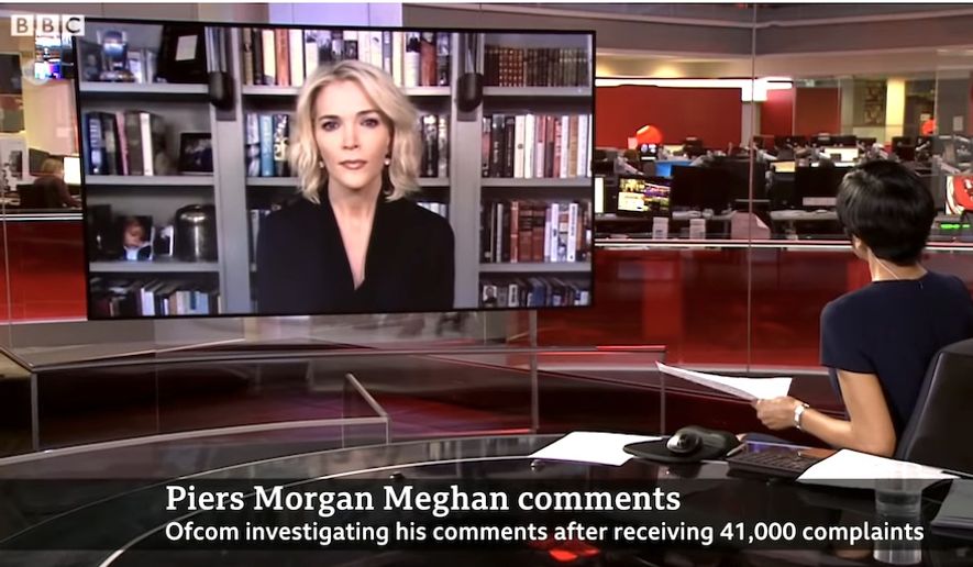 Journalist Megyn Kelly talks with the BBC about former Good Morning Britan co-host Piers Morgan and media regulators who cracked down on him after his recent criticism of Meghan Markle, March 10, 2021. (Image: BBC video screenshot)