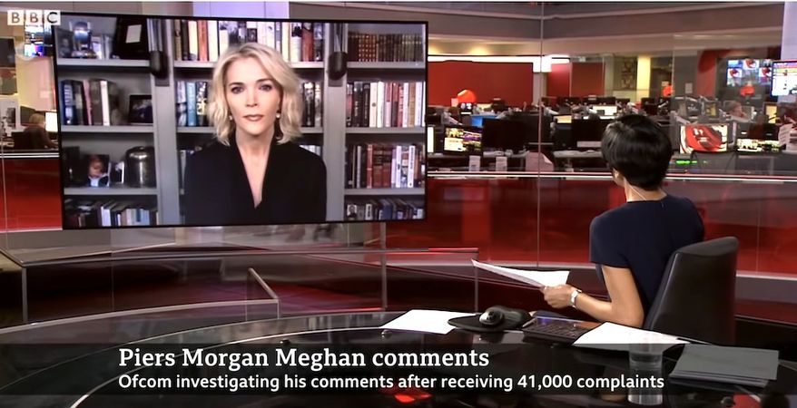 Journalist Megyn Kelly talks with the BBC about former Good Morning Britan co-host Piers Morgan and media regulators who cracked down on him after his recent criticism of Meghan Markle, March 10, 2021. (Image: BBC video screenshot)