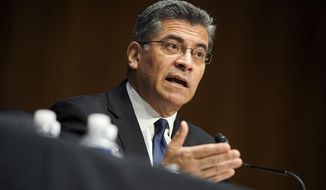 Xavier Becerra testifies during a Senate Finance Committee hearing on his nomination to be secretary of Health and Human Services on Capitol Hill in Washington, Wednesday, Feb. 24, 2021. (Greg Nash/Pool via AP) **FILE**