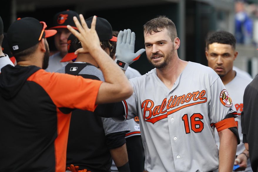 FILE - In this Monday, Sept. 16, 2019, file photo, Baltimore Orioles' Trey Mancini (16) celebrates his solo home run against the Detroit Tigers in the sixth inning of a baseball game in Detroit. Mancini had surgery for colon cancer last year on the same day major league baseball shut down spring training due to COVID-19. Baseball returned later in 2020. Mancini is back now, healthy and ready to go. (AP Photo/Paul Sancya, File)