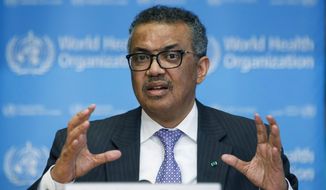 In this Monday, March 9, 2020, file photo, Tedros Adhanom Ghebreyesus, director-general of the World Health Organization, speaks during a news conference, at the WHO headquarters in Geneva, Switzerland. (Salvatore Di Nolfi/Keystone via AP, File)